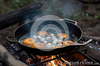 close-up of cooking skillet, with sizzling and popping sounds as eggs are cooked over campfire Stock Photo