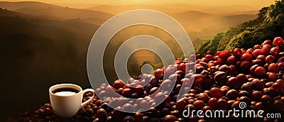 A delicious white cup of coffee on the spilled heap of coffee seeds in an outdoor blurred nature background. AI generated. Stock Photo