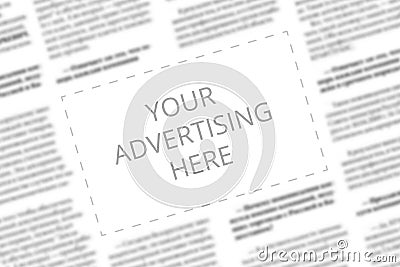 Close up of a copy space with wrtitten words Your Advertising Here on a blurred background of a newspaper. Business Stock Photo