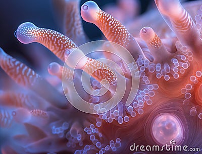 Close-up of coral polyps extending feeding tentacles, displaying vibrant colors and intricate patterns Stock Photo