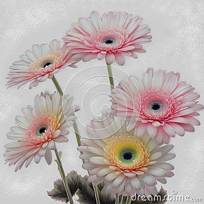 Close-up corollas of light pink gerberas, on their green stems, in a variegated watercolor color, on a light pink background Stock Photo