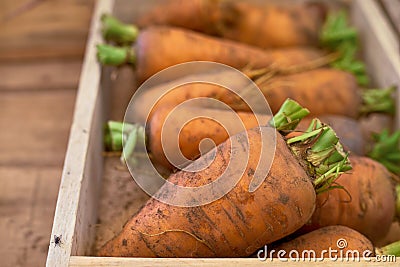 Close-up of counter with carrots. Organic food concept Stock Photo