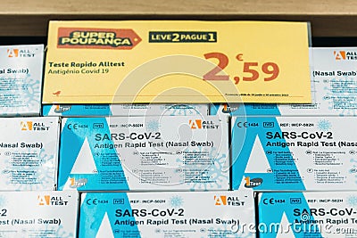 Close up of Covid rapid antigen home tests on display at a supermarket in Portugal Editorial Stock Photo