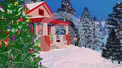 Close up of cozy house decorated for Christmas Cartoon Illustration