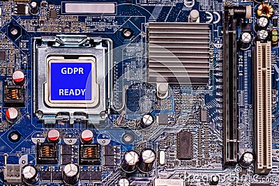 Close-up CPU with label GDPR READY on computer mother board Stock Photo