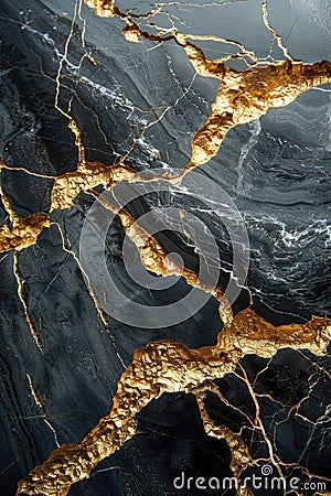 Close-up of cracked black surface with golden fissures. Stock Photo