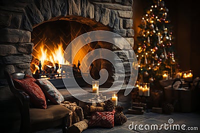 A close-up of a crackling fireplace, with stockings hung by the chimney and a comfortable chair for a cozy Christmas evening. Stock Photo