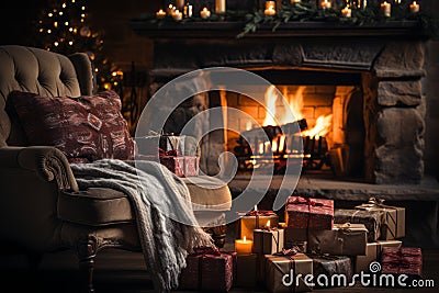 A close-up of a crackling fireplace, with stockings hung by the chimney and a comfortable chair for a cozy Christmas evening. Stock Photo