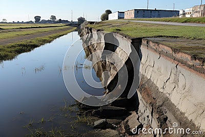 close-up of cracks in the levee structure, water seeping through Stock Photo