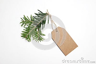 Close-up of craft paper gift tag with rope and green fir branch isolated on white background. Christmas composition, top Stock Photo