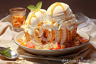 Close up of crazy giant ice cream in large plate with waffle cone, red fruits, caramel sause. Tasty delicious and high Stock Photo
