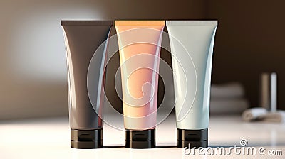 Close up of cream tubes group, product mock-up. Light background. Layout for cosmetics. Copy space. Generative AI Stock Photo