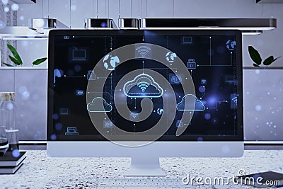 Close up of creative designer workplace with computer display and digital cloud computing hologram on blurry background. Cloud Editorial Stock Photo