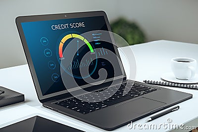 Close up of creative office table with credit score page on laptop screen, coffee cup, supplies and daylight. Workplace, business Editorial Stock Photo