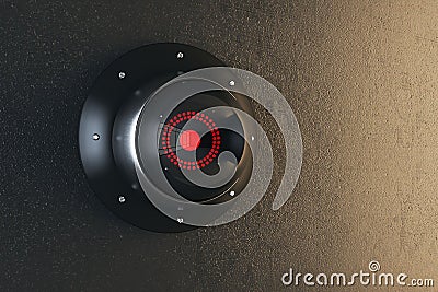 Close up of creative round black cctv camera on concrete wall background. Safety system and security concept. Stock Photo