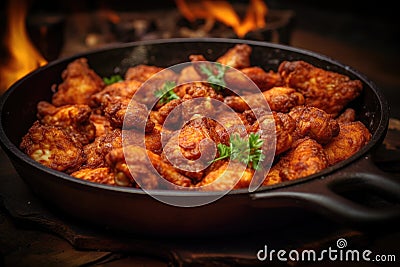 close-up of crispy fried chicken in a skillet Stock Photo
