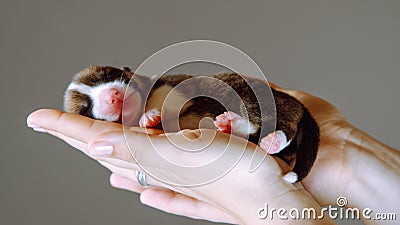 Close up cropped human hands holding gently small puppy of Welsh corgi dog with close eyes. Good sleep, pet healthcare Stock Photo