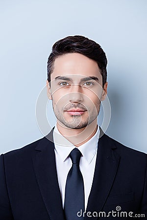 Close up cropped photo of a stylish young brunete lawyer bearded Stock Photo