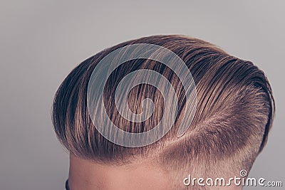 Close up cropped top above view photo of modern ideal clean perfect clear stunning handsome blonde healthy hairdress isolated on Stock Photo