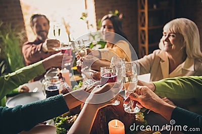 Close-up cropped view of hands clinking wineglasses juice nice attractive cheerful big full family meeting eating Stock Photo