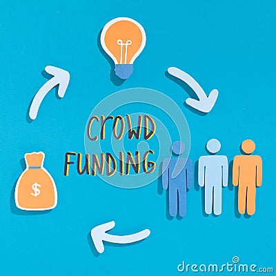 Close up of crowdfunding circle with people, idea bulb and sack Stock Photo