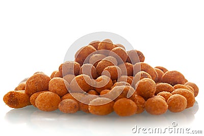 Close-up of Crunchy Peanut , made with besan coated peanuts. snacks, Indian spicy snacks Namkeen, in a pile or heap, isolated Stock Photo