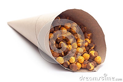 Close-Up of Crunchy Roasted Chana Masala In handmade handcraft brown paper cone bag, made with Bengal Grams or Chickpeas. Stock Photo