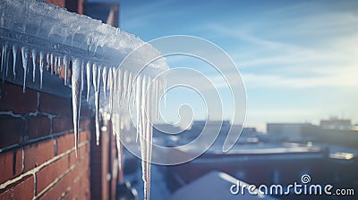 A close-up of a crystal-clear icicle hanging from the edge of a snowy rooftop Stock Photo