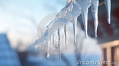 A close-up of a crystal-clear icicle hanging from the edge of a snowy rooftop Stock Photo