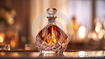 A close-up of a crystal decanter with amber liquid. Generative AI Stock Photo