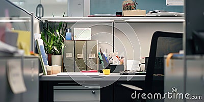 A close-up of a cubicle with personal items, but devoid of any human presence , concept of Isolation Stock Photo