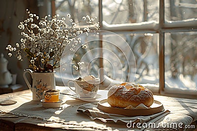 Close-up of cup of breakfast and coffee with snow view Stock Photo