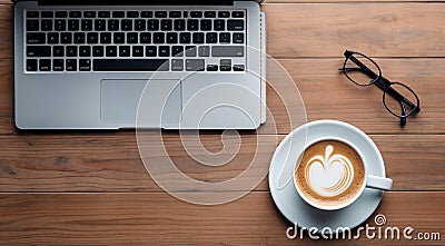 close-up of cup of coffee and laptop keyboard, business mans table, keyboard on the table, close-up of laptop keyboard Stock Photo
