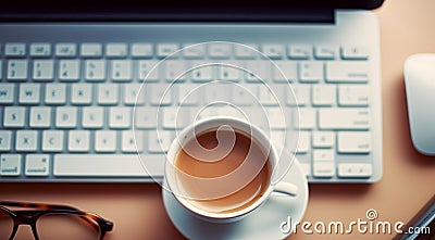 close-up of cup of coffee and laptop keyboard, business mans table, keyboard on the table, close-up of laptop keyboard Stock Photo
