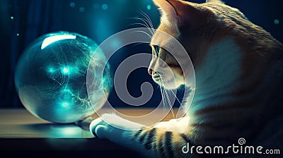 Close-up of a curious cat looking into a mystical crystal ball, suggesting a moment of wonder and curiosity about the future Stock Photo