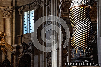 Close-up on curved canopy pillar inside Saint Peter Basilica Editorial Stock Photo