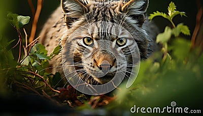 Close up of a cute bobcat looking in the forest generated by AI Stock Photo