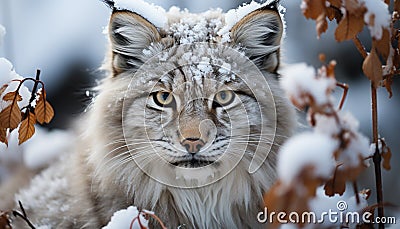 Close up of a cute bobcat in the snow generated by AI Stock Photo