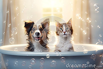 Close up of cute breed dog and cat look out of the bath Stock Photo