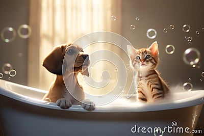 Close up of cute breed dog land cat look out of the bath. Sweet puppy washes and swims Stock Photo