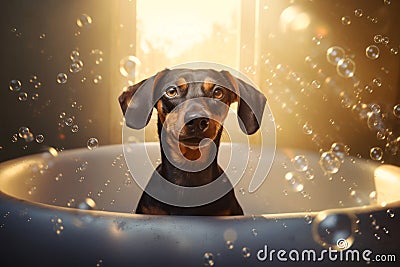 Close up of cute breed dog looks out of the bath Stock Photo