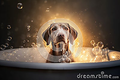 Close up of cute breed dog looks out of the bath Stock Photo