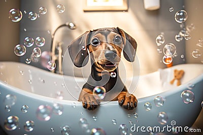 Close up of cute breed dog looks out of the bath. Sweet puppy washes and swims Stock Photo