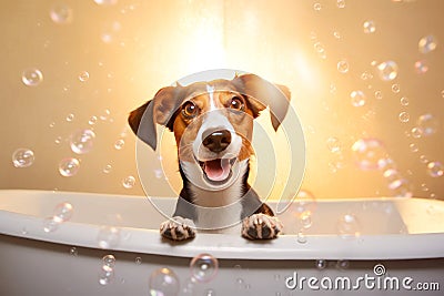 Close up of cute breed dog looks out of the bath. Sweet puppy washes and swims Stock Photo