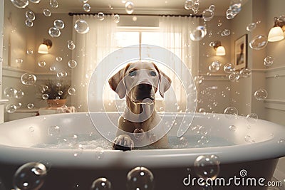 Close up of cute breed dog looks out of the bath. Sweet puppy washes and swims Stock Photo