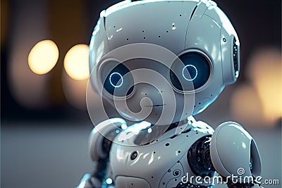 Close-up of a cute little white glossy metal robot with copyspace. Stock Photo