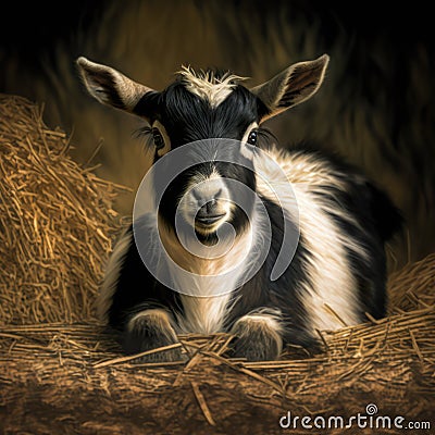 Close up of cute pygmy goat in straw, created using generative ai technology Stock Photo