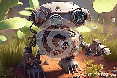 close-up of cute robot, with its mechanical parts visible, watering garden Stock Photo