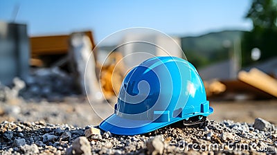 Close up of a cyan Working Helmet on Gravel. Blurred Construction Site Background Stock Photo