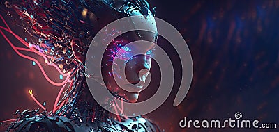 Close up of Cyborg Artificial intelligence face in Hi-tech futuristic with wires connected to body, science fiction design , Stock Photo